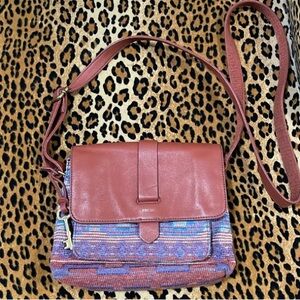 EUC Fossil Kinley Tapestry & Leather Bag